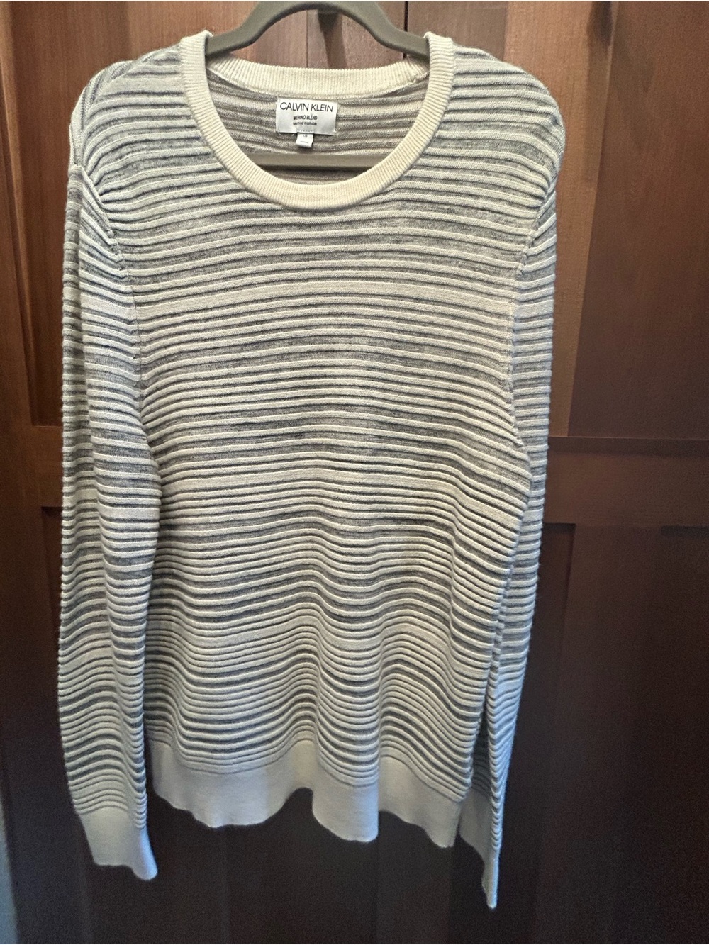 Calvin Klein Marina Blend stripped Knit Crewneck Sweater - Gray & White large